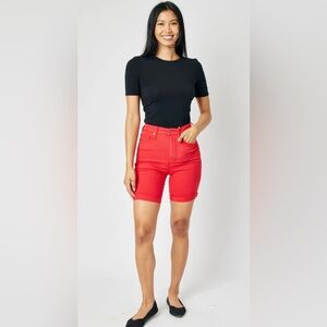 NWT Judy Blue Womens High Rise Tummy Control Red Bermuda Denim Shorts. Sz L